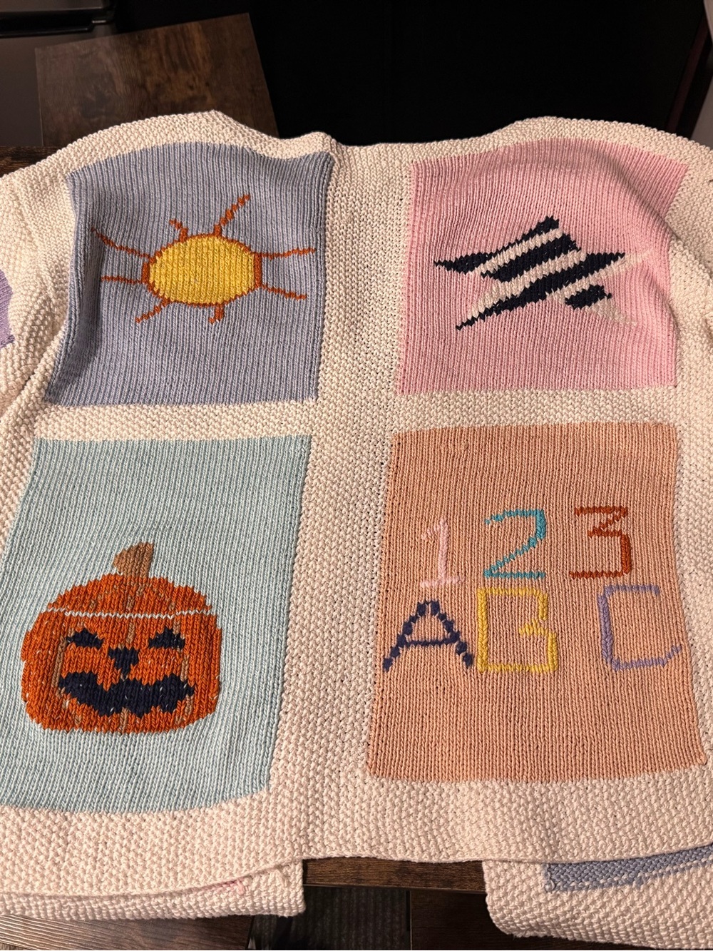 Vintage Patchwork Embroidered Knit Cardigan Sweater - Cream with Pastel Panels - Picture 5 of 5